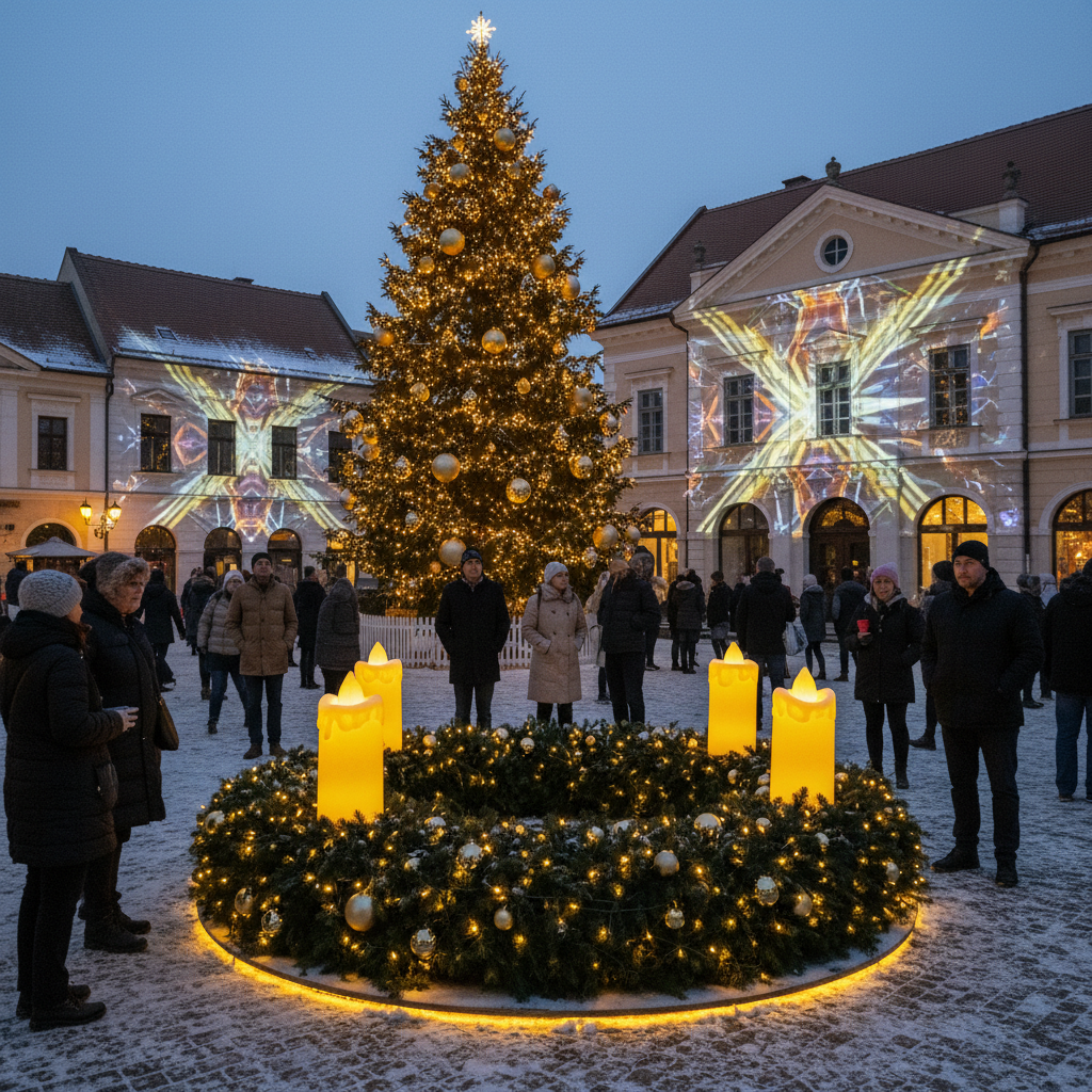Sfântu Gheorghe se pregătește de sărbători cu brad uriaș, coroană de Advent și spectacol laser de Revelion